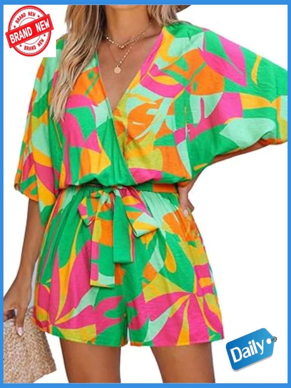 Mini Romper Loose Fit V Neck Half Sleeve Beach Vacation Jumpsuit